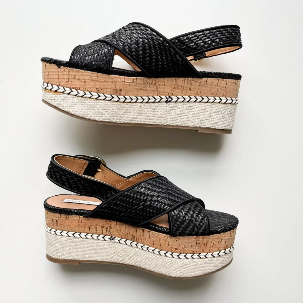 Zara Trafaluc Black Woven Cross Strap Slingback Platform Sandal Womens 36 / US 6